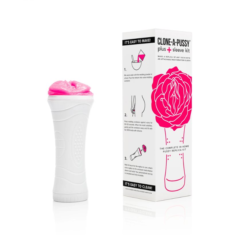 The packaging for the Clone-A-Pussy Plus+ Sleeve Kit shown next to a completed Clone-A-Pussy Plus+ Sleeve. It has a custom-made, cloned vulva on the top of the masturbation sleeve. | Kinkly Shop
