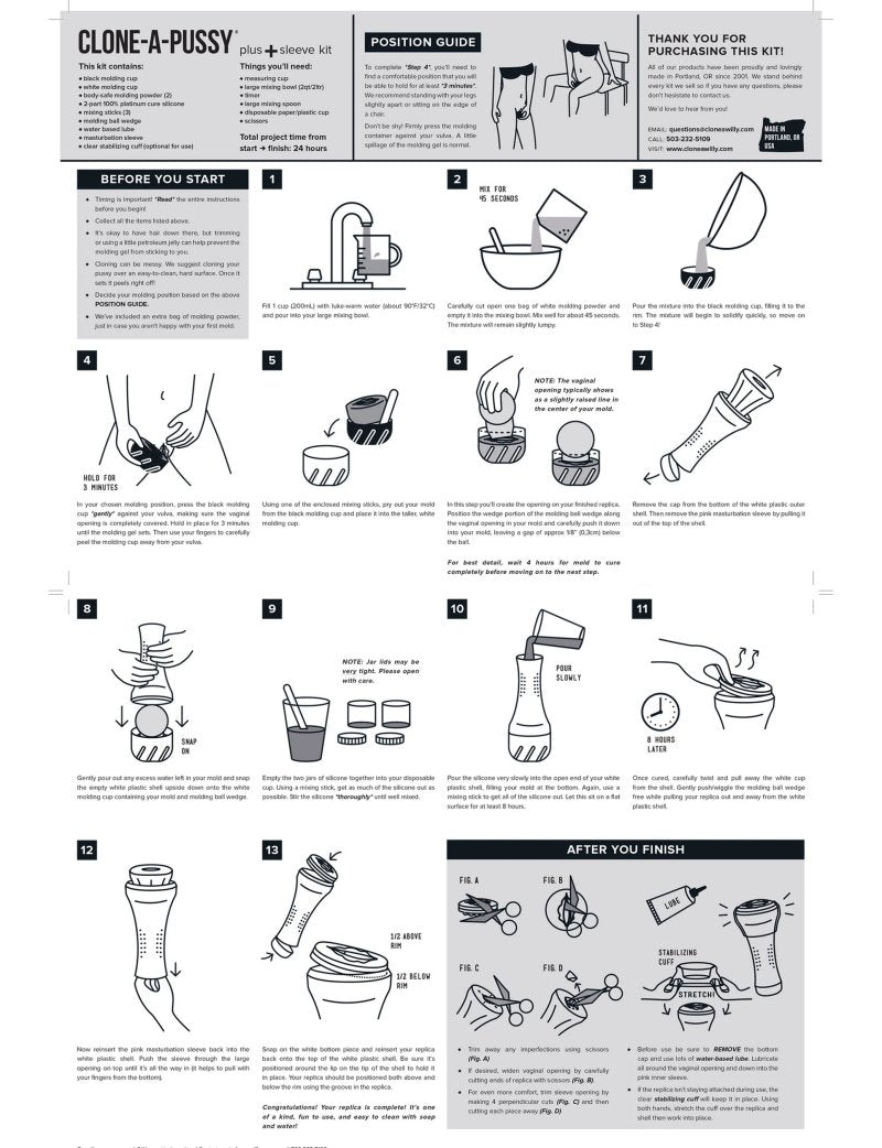 Example of the illustrated instructions included with the Clone-A-Pussy Plus+ Sleeve Kit. There's a link in the product description to view the full-sized, zoom-in document to read all of the instructions thoroughly. A copy is included with your kit. | Kinkly Shop