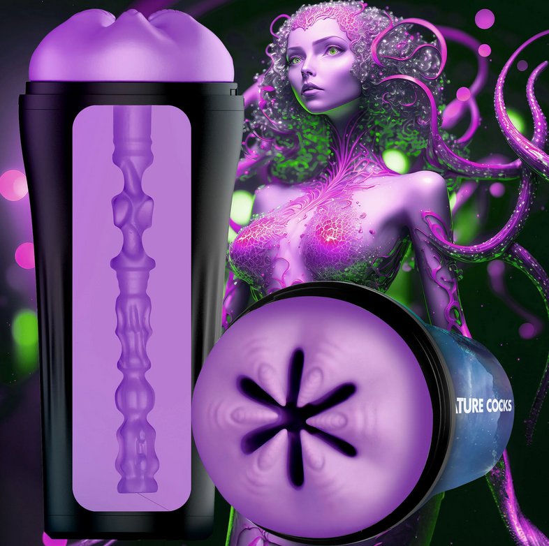 A cross-section of the Creature Cocks Wormhole Alien stroker shown in front of an illustration of the humanoid, large-breasted person that is the "alien". The texture inside the stroker starts right after entrance and includes pebbling, cylinders, ribbing, and tightness variations. | Kinkly Shop