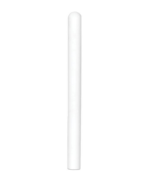 The Cutie Pies Dry Stick up against a white background. It almost blends in entirely. It looks like a plain white cylinder with a rounded tip on one side. | Kinkly Shop