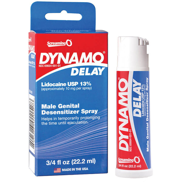 The bottle of Dynamo Desensitizing Delay Spray sitting out next to the boxed packaging that it comes in. It's a bright red and blue bottle with a spray top. | Kinkly Shop