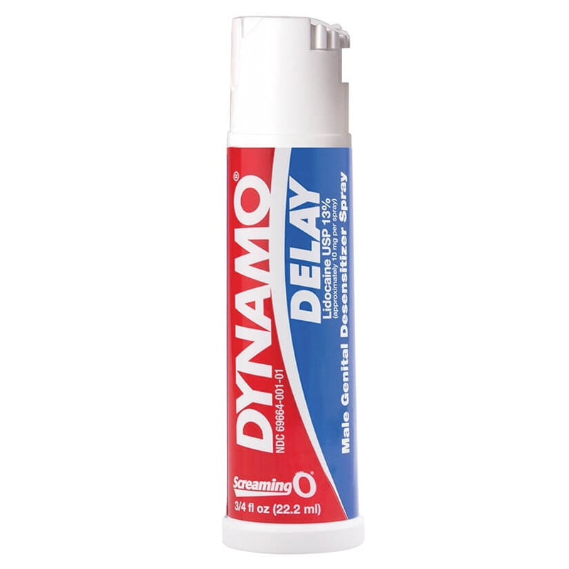 The bottle of Dynamo Desensitizing Delay Spray in front of a plain white background. | Kinkly Shop