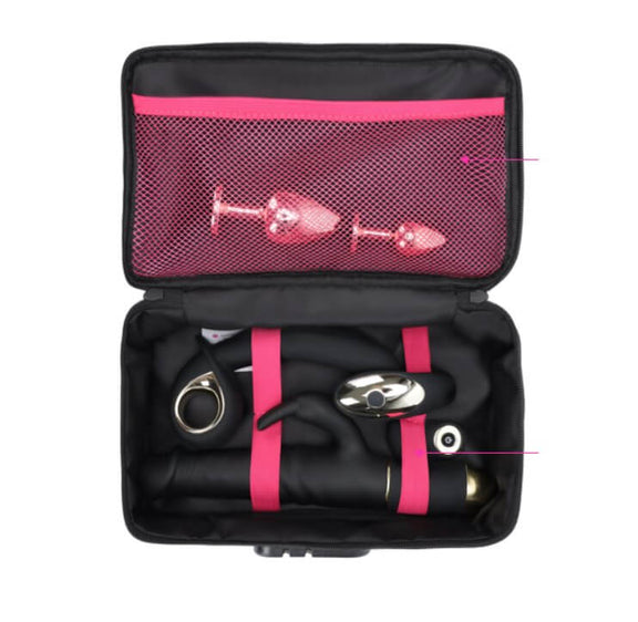 The Dorcel Discreet Box opened up, showcasing the two sides of the case. The top/lid of the case has pink elastic netting. There are two metal butt plugs in this pouch. The bottom/base of the pouch includes two pink elastic bands that can hold the larger toys against the bottom of bag. | Kinkly Shop