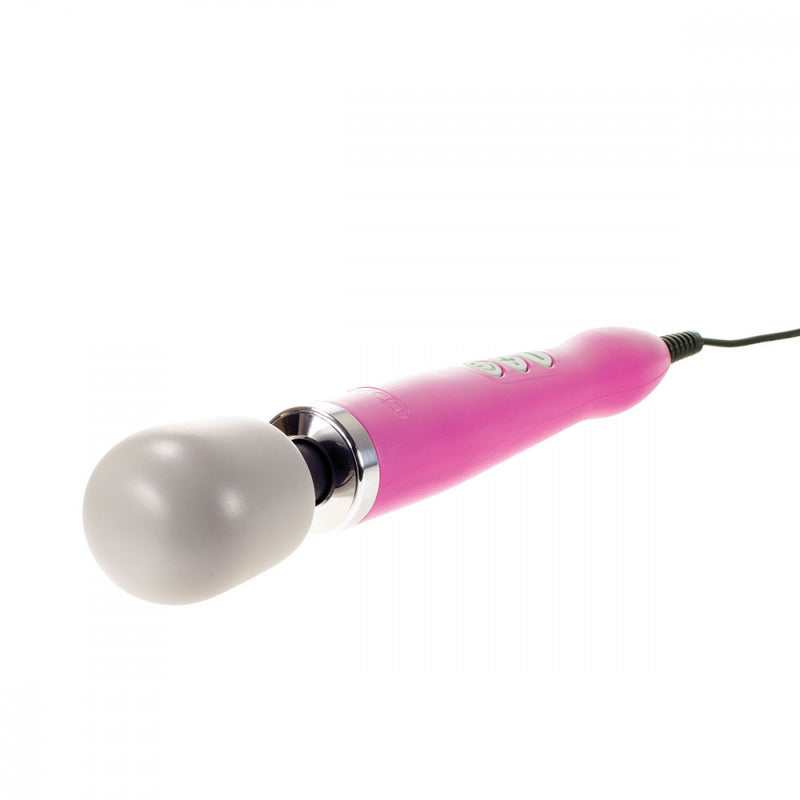 Doxy Massager in Pink lying on its side in front of a white background. The head of the massager is closest to the camera. | Kinkly Shop