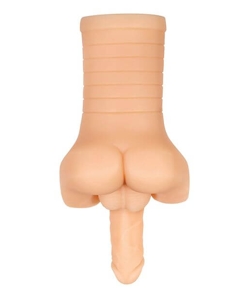 Top down view of the Evolved Backdoor Bash in Cream. The "handle" includes multiple ribbed lines for easier gripping. The entrance of the stroker is a curvaceaous bubble butt. | Kinkly Shop