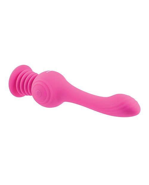 The Evolved Gyro Vibe laying horizontally on a white background. The gently curved shaft of the toy is the feature here, with an easy view of the wider, broader head of the tip for g-spot/p-spot stimulation. | Kinkly Shop