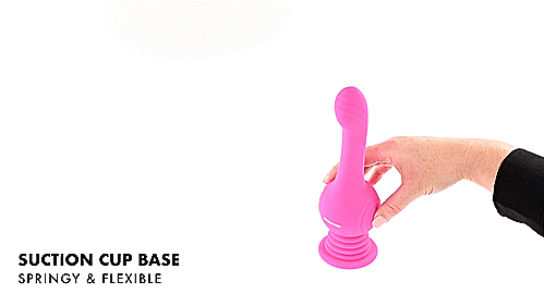 GIF shows the Evolved Gyro Vibe suction cupped on a white background. A person removes their hand, and the toy wiggles all over the place. The suction cup at the base of the toy is even strong enough to pull up against the photo studio itself, showing the Evolved Gyro Vibe moving vertically as well as horizontally. The text on the GIF reads" Suction Cup Base. Springy and Flexible" | Kinkly Shop