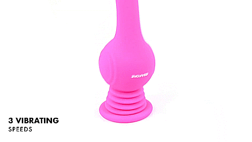 GIF shows the Evolved Gyro Vibe up against a white background. The camera pans upwards while the toy is turned on, wildly bouncing all over the place while the Evolved Gyro Vibe suction cup holds the base in a stable spot. The text on the GIF reads "3 Vibrating Speeds" | Kinkly Shop