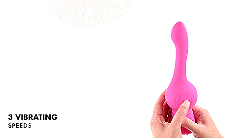 GIF shows a person holding the base of the Evolved Gyro Vibe. Their other hand presses the button on the base of the toy, and the Evolved Gyro Vibe starts wiggling around much more wildly. The gyrations are powerful enough that they clearly move around the person's hand who is trying to hold it still. The text on the GIF reads "3 Vibrating Speeds" | Kinkly Shop