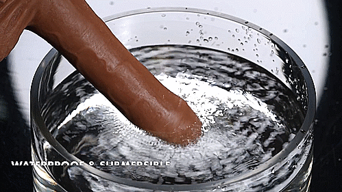 GIF of the the tip of the Evolved Peek a Boo Vibrating Dildo held at the surface of a bowl of water. This sprays water everywhere from the power of the vibrations. Text on the GIF reads "Phthalate and latex free. Waterproof and submersible." | Kinkly Shop