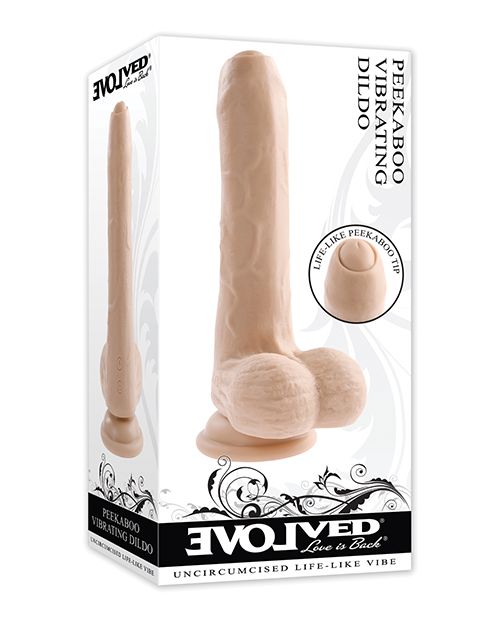 Packaging for the Evolved Peek a Boo Vibrating Dildo | Kinkly Shop