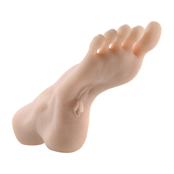 The Evolved Pussy Footin' up against a plain white background. The angle focuses on the labia imprinted on the bottom of the realistic foot. | Kinkly Shop