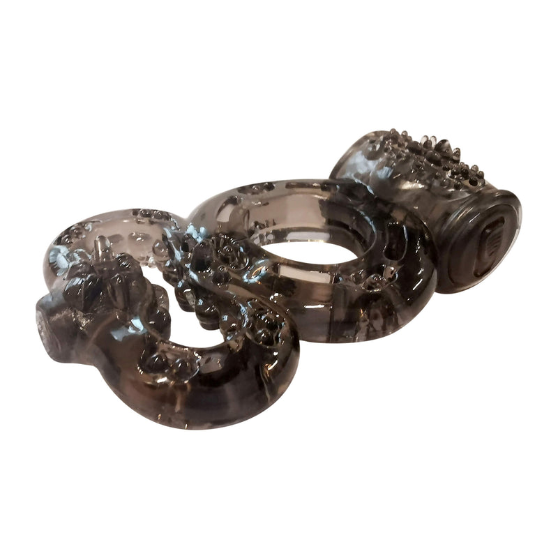 The free cock ring that comes with the Evolved Pussy Footin'. It is very textured and has two separate loops. It looks very stretchy. | Kinkly Shop