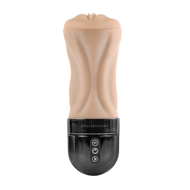 The Evolved Tight Lipped sitting at a flat, sideways angle that showcases the 'realistic" design of the stroker itself in addition to the rounded base that houses the vibration motor and the 3 buttons on the control panel. | Kinkly Shop