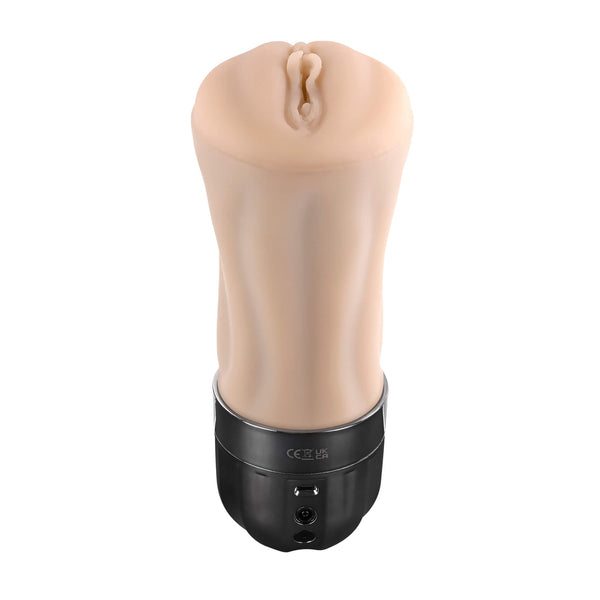 A side view of the Evolved Tight Lipped with an angled view that showcases the realistic entrance of the top of the penis stroker. | Kinkly Shop
