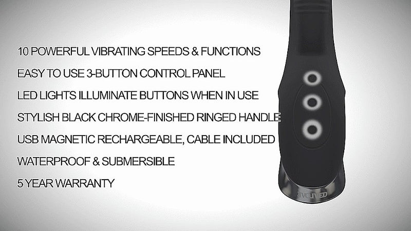 Static image from a video showcasing the illuminated buttons on the control panel of the Evolved Trifecta. It also includes text about the features of the vibrator including: "10 powerful vibration speeds. 5 year warranty. Stylish black chrome-finished ringed handle. USB Magnetic rechargeable. Waterproof. LED lights illuminate buttons when in use. Easy-to-use 3-button control panel." | Kinkly Shop