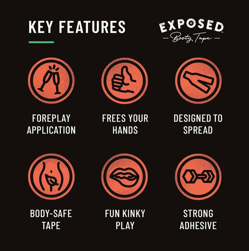 An image with six icons that showcase the various features of the Exposed Booty Tape. Text reads: "Foreplay application. Frees your hands. Designed to spread. Body-safe tape. Fun kinky play. Strong adhesive." | Kinkly Shop