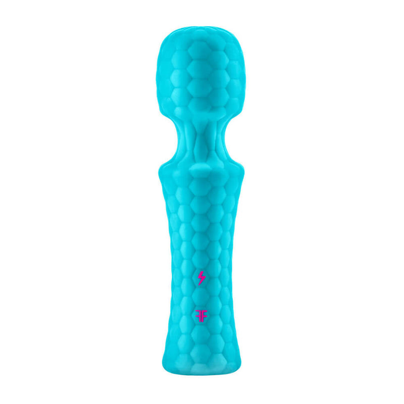 The FemmeFunn Ultra Wand Mini up against a white background. The entirety of the vibe is made from the same, textured silicone that looks like it has tiny hexagons all along its length. There are two buttons near the base of the wand massager's handle to control the functions of the vibrator. | Kinkly Shop