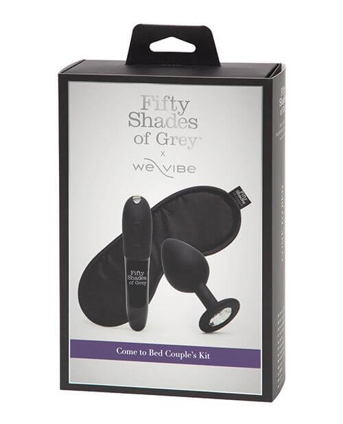 Packaging for the Fifty Shades of Grey Come to Bed Kit. It comes in a rectangular cardboard box. | Kinkly Shop