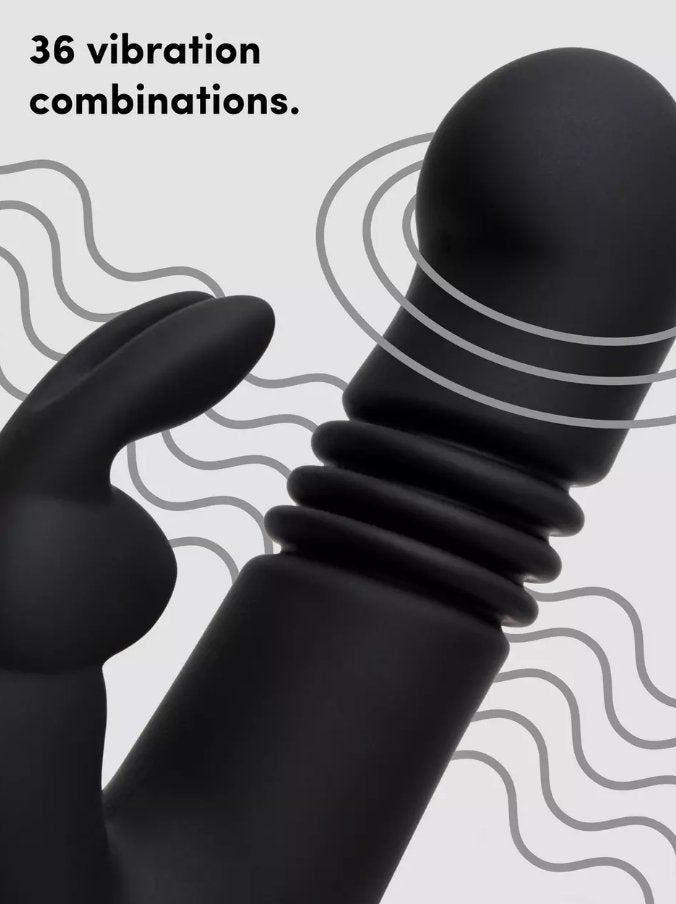The Greedy Girl vibrator with wiggly waves all around the shaft to showcase the vibrations and thrusting of the shaft. Text on the image reads: "36 vibration combinations" | Kinkly Shop