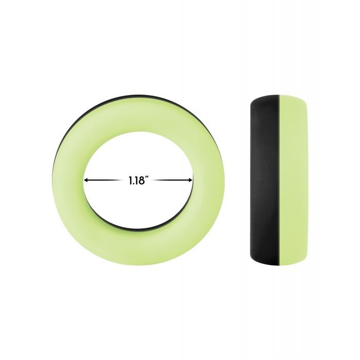 Two angles of the Forto F-19 Two-Tone Glow in the Dark with the measurements superimposed over the picture of the cock ring. The measurement (internal diameter of 1.18") is included in the product description. | Kinkly Shop