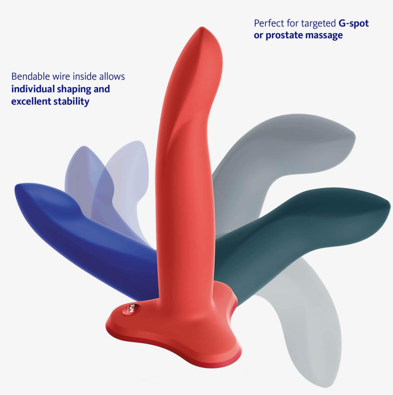 All three of the Fun Factory Limba Flex in a circular pattern, shown with phantom patterns of what curves the dildos could achieve if they were bent. Text on the image reads: "Bendable wire allows individual shaping and excellent stability. Perfect for targeted g-spot or prostate massage." | Kinkly Shop