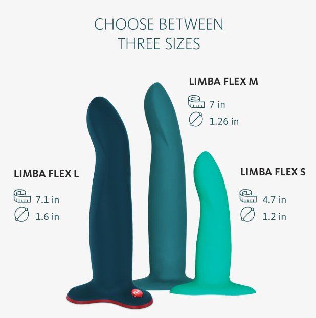 All three sizes of the Fun Factory Limba Flex shown next to one another. The text on the image reads "Choose Between Three Sizes". The measurements of the dildos are written out next to each dildo. The measurements are included within the product listing's text for accessibility. | Kinkly Shop
