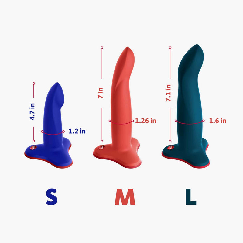 All three sizes of the Fun Factory Limba Flex shown next to one another. The text on the image reads "Choose Between Three Sizes". The measurements of the dildos are written out next to each dildo. The measurements are included within the product listing's text for accessibility. | Kinkly Shop