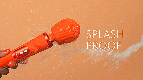 A person holds the Fun Factory VIM. From off-frame, a gigantic splash of water is poured onto the head of the vibrator. The text on the GIF reads "Splashproof" | Kinkly Shop