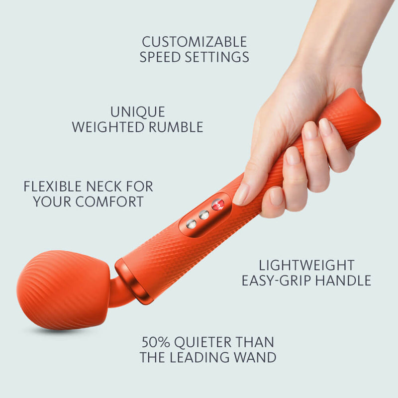 A hand holds the Fun Factory VIM while it presses into a flat surface, showcasing how bendable the head of the wand massager is. Features, in text, are written out around the image including: "Customizable speed settings, unique weighted rumble, flexible neck for your comfort, Lightweight easy-grip handle, 50% quieter than the leading wand." | Kinkly Shop