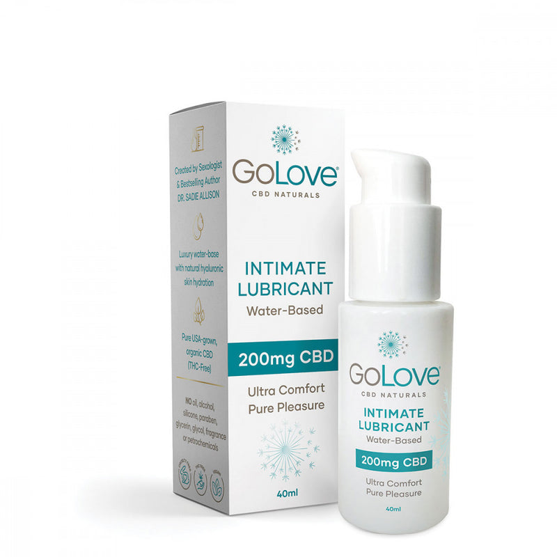 A bottle of GoLove CBD Lube - 40ml in front of the cardboard box that it comes in. | Kinkly Shop