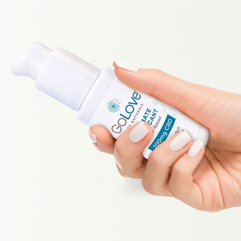 A person holds the GoLove CBD Lube - 40ml bottle in their hand. The bottle is about as long as their palm. They are able to easily wrap their fingers around the entirety of the bottle. | Kinkly Shop