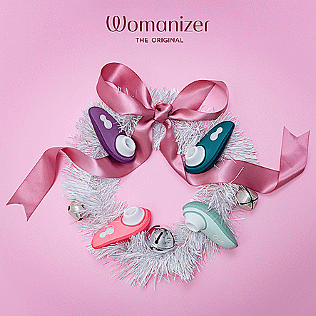 Festive holiday image showcases all four Womanizer Liberty 2 colors next to one another. In one frame, all of the lids are removed, and in the next GIF frame, it shows all four colors with their lids closed on top. | Kinkly Shop