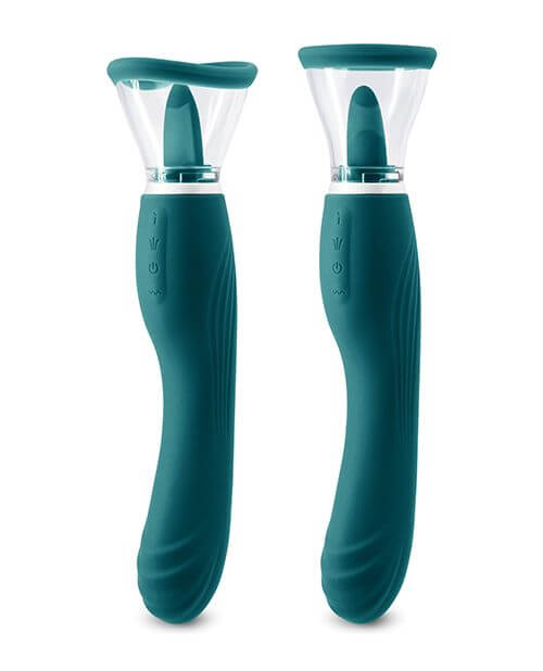 Two copies of the Inya Triple Delight in Dark Teal shown next to one another, each wearing one of the two included acrylic pussy pump caps. | Kinkly Shop