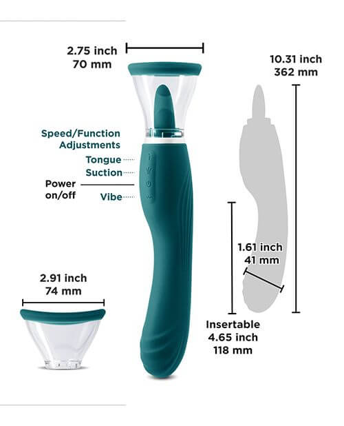 Feature-packed image with text superimposed over a standard image of the Inya Triple Delight. This includes multiple measurements for the toy (all shown in the product description text) as well as labels for the four buttons including Speed/Function Adjustments for Tongue and Suction, the Power Button, and the Vibrations button. | Kinkly Shop