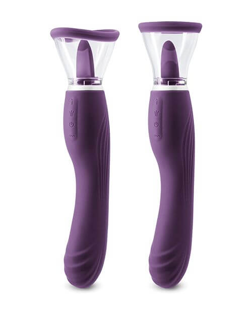 Two copies of the Inya Triple Delight in purple shown next to each one, each wearing one of the two acrylic pussy pump cups that are included with the toy. | Kinkly Shop
