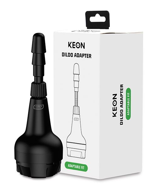 Packaging for the KIIROO KEON Dildo Adapter sitting next to the dildo adapter itself. It looks like a cone that snaps into the KEON with a Vacuum Lock tip where the dildo will lock onto the adapter. No dildo is included. | Kinkly Shop
