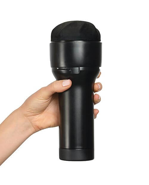 A hand holds the KIIROO FeelSensation. It looks like their fingers can grasp around the case's handle pretty easily. | Kinkly Shop
