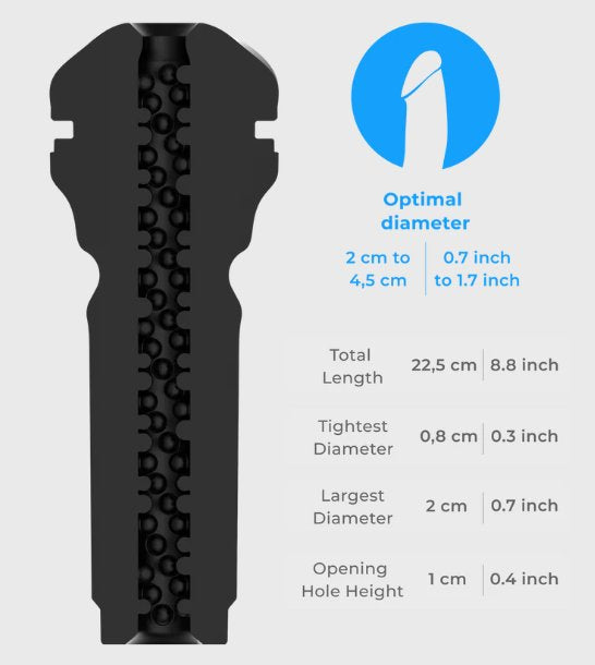 Cross-section of the KIIROO FeelSensation stroker shown next to the measurements for the stroker. This showcases the bubbled, noduled texture that's uniform throughout the entirety of the inside of the stroker. | Kinkly Shop