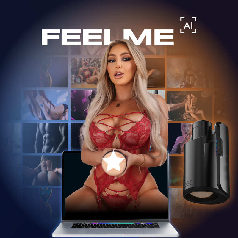 A collage of Kayley Gunner shown coming out of a laptop computer screen. Multiple porn screenshots are shown in the background of the collage, simulating the synchronization that the FeelMe AI can provide when used with the KEON. | Kinkly Shop