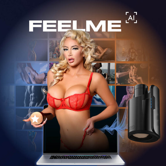 KIIROO FeelStars FeelNicolette Stroker shown collaged with a computer and porn images to showcase how it pairs with online capabilities and the KIIROO KEON | Kinkly Shop