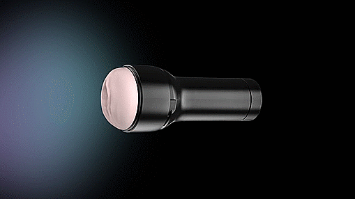 GIF of the KIIROO KEON and Feel Stroker. The Feel Stroker is shown in front of a geometric background. The stroker is then shown sliding into the KEON to showcase how the two pieces fit together to make the penis stroking KEON. | Kinkly Shop