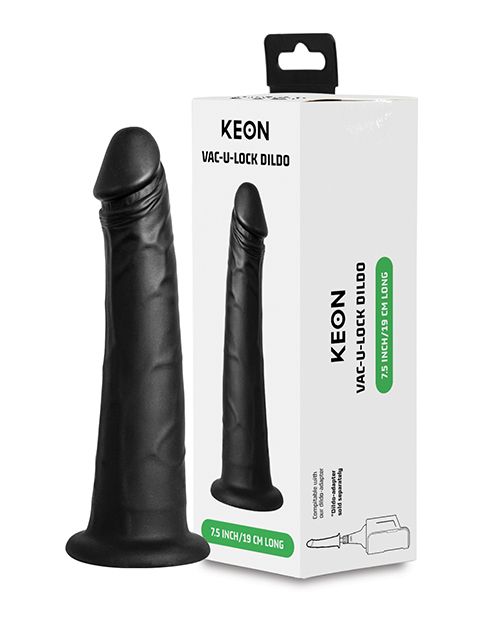 The KIIROO KEON Vacuum Dildo next to the packaging for the dildo. | Kinkly Shop