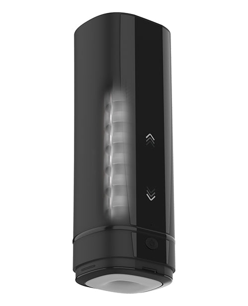 The KIIROO Onyx+ in front of a white background with a see-through illustration that showcases the rings inside of the Onyx+. This pretend panel shows a window into the toy itself to showcase how the rings wrap around the shaft once it's inserted to easily squeeze in tandem for stimulated stroking. | Kinkly Shop