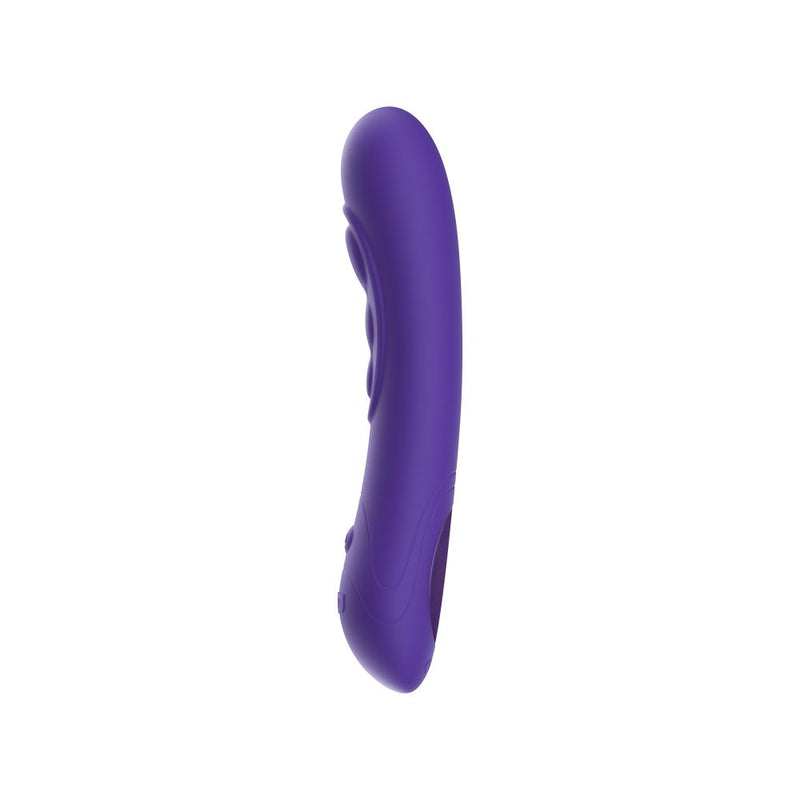 KIIROO Pearl3 G-Spot Vibrator in Purple. This side angle shows off the touch panel on the back as well as the button on the front. This angle also showcases the pronounced platforms of the g-spot contact points. | Kinkly Shop