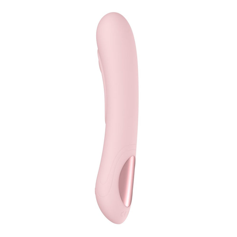 Backside of the KIIROO Pearl3 G-Spot Vibrator in pink. The entirety of the vibrator is silicone except for a plastic shiny panel near the base. | Kinkly Shop