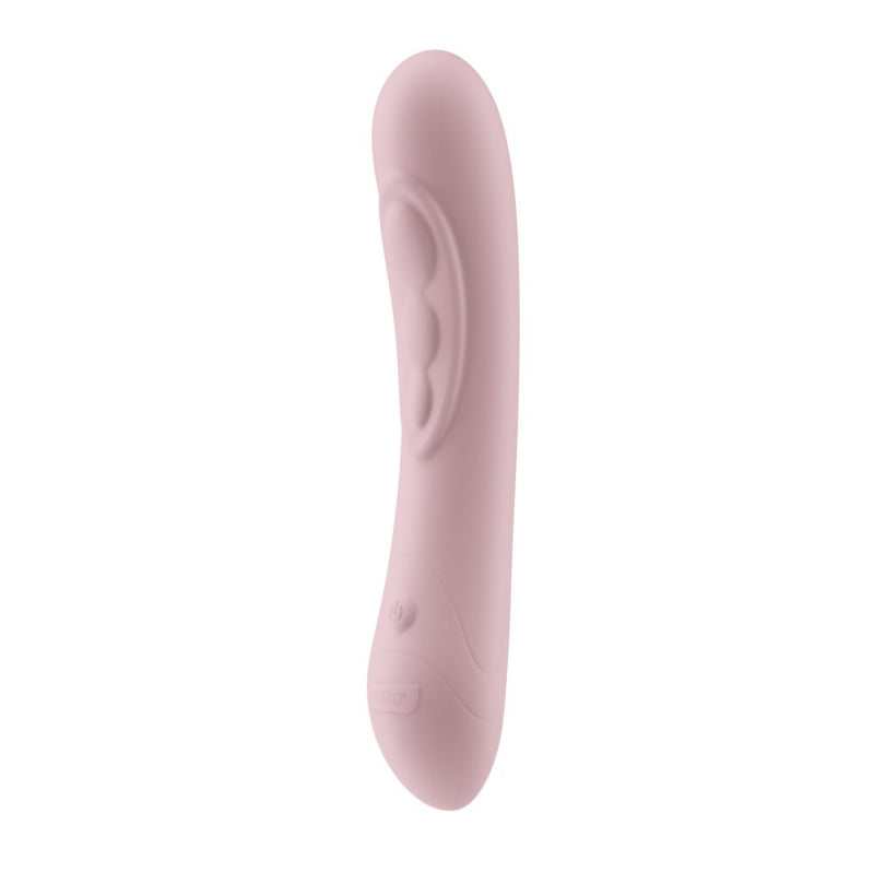 3/4ths angle on the vibrator. This showcases the power button near the base as well as the slightly curved design of the vibrator. The g-spot platform contouring near the upper half of the vibrator is very evident here. | Kinkly Shop