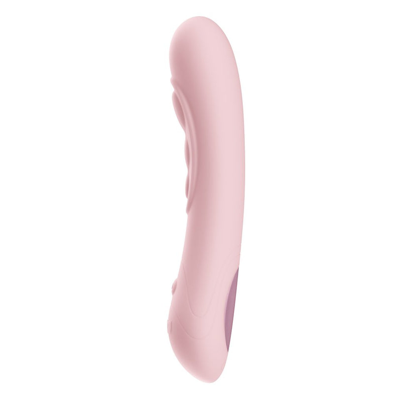 KIIROO Pearl3 G-Spot Vibrator in Pink . This side angle shows off the touch panel on the back as well as the button on the front. This angle also showcases the pronounced platforms of the g-spot contact points. | Kinkly Shop