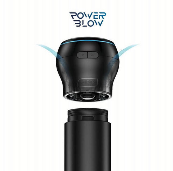 The KIIROO PowerBlow Attachment shown above the case of a KIIROO stroker. It shows illustrated "whirlwind" designs around the area where it connects. The word "Power Blow" appears above the KIIROO PowerBlow Attachment. | Kinkly Shop