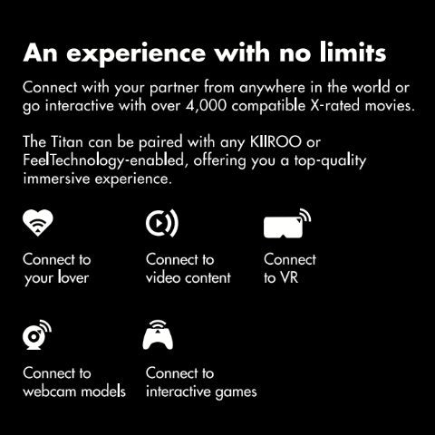 Image only has text. Reads: "An experience with no limits. Connect with your partner from anywhere in the world or go interactive with over 4,000 compatible X-Rated movies. The Titan can be paired with any KIIROO or FeelTechnology-enabled toy, offering you a top quality and immersive experience. Connect to your Lover. Connect to video content. Connect to VR. Connect to webcam models. Connect to interactive games." | Kinkly Shop